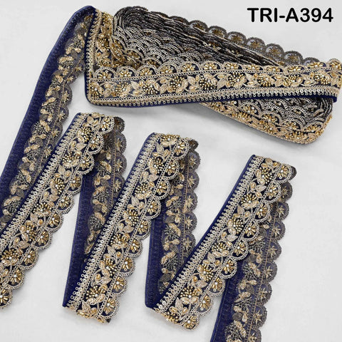 Navy Blue Indian Beaded Trim Ribbon – 9-yard Gold Zari Embroidery Sari Border (5cm)