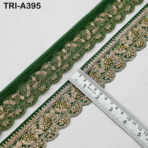 Green Indian Beaded Trim Ribbon – 9-yard Gold Zari Embroidery Sari Border (5cm) for Bridal Dresses and Costumes