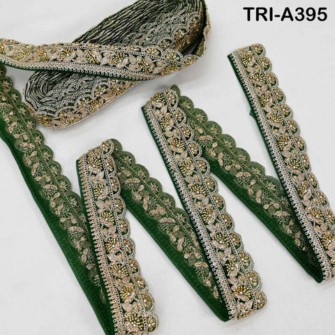 Green Indian Beaded Trim Ribbon – 9-yard Gold Zari Embroidery Sari Border (5cm) for Bridal Dresses and Costumes