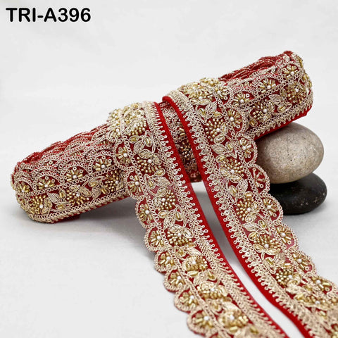 Red Indian Beaded Trim Ribbon – 9-Yard Gold Zari Embroidery Sari Border (5cm)