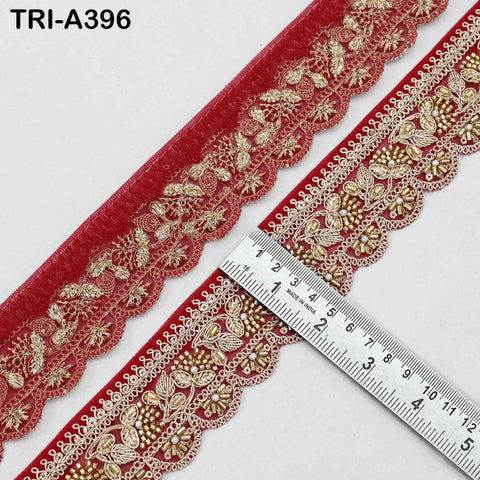 Red Indian Beaded Trim Ribbon – 9-Yard Gold Zari Embroidery Sari Border (5cm)
