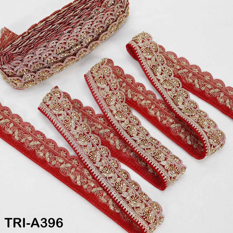 Red Indian Beaded Trim Ribbon – 9-Yard Gold Zari Embroidery Sari Border (5cm)