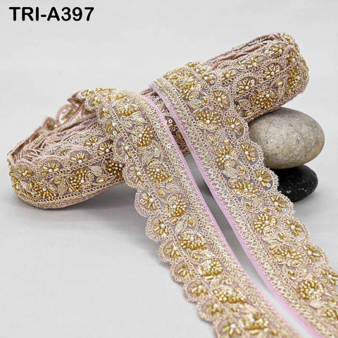 Pink Indian Beaded Trim Ribbon – 9-Yard Gold Zari Embroidery Sari Border (5cm)