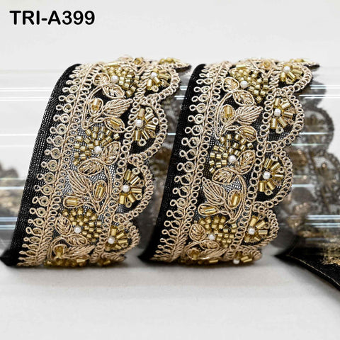 Black Indian Beaded Trim Ribbon – 9-Yard Gold Zari Embroidery Sari Border (5cm)