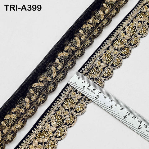 Black Indian Beaded Trim Ribbon – 9-Yard Gold Zari Embroidery Sari Border (5cm)