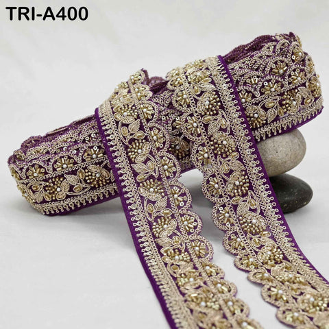 Purple Indian Beaded Trim Ribbon – 9-yard Gold Zari Embroidery Sari Border (5cm)