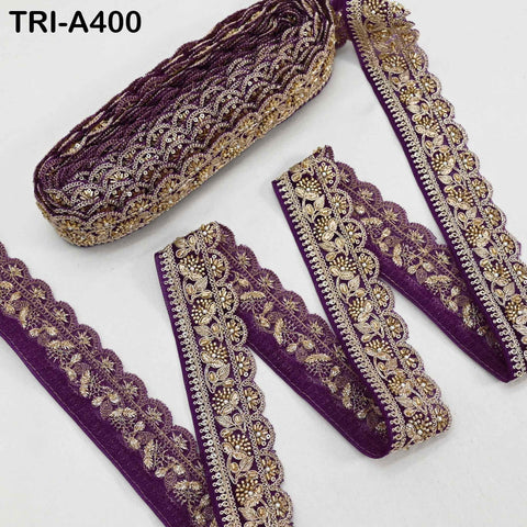 Purple Indian Beaded Trim Ribbon – 9-yard Gold Zari Embroidery Sari Border (5cm)
