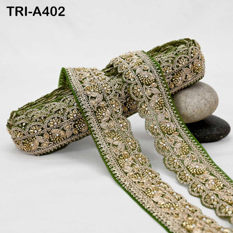 Fern Green Indian Beaded Trim Ribbon – 9-yard Gold Zari Embroidery Sari Border (5cm) for Crafting Fabric Dresses and Costumes