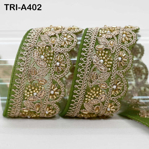 Fern Green Indian Beaded Trim Ribbon – 9-yard Gold Zari Embroidery Sari Border (5cm) for Crafting Fabric Dresses and Costumes