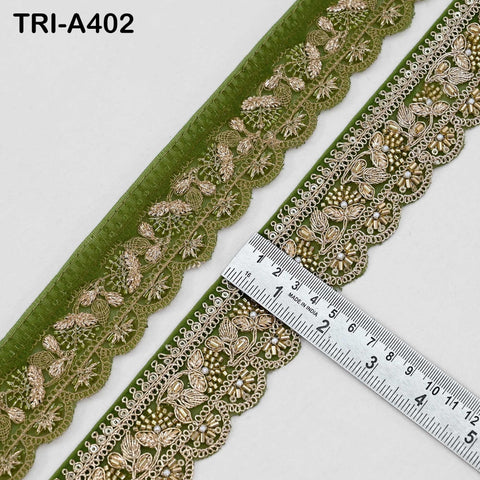 Fern Green Indian Beaded Trim Ribbon – 9-yard Gold Zari Embroidery Sari Border (5cm) for Crafting Fabric Dresses and Costumes