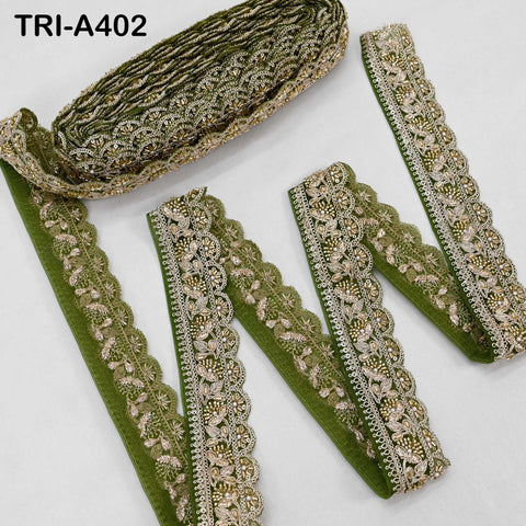 Fern Green Indian Beaded Trim Ribbon – 9-yard Gold Zari Embroidery Sari Border (5cm) for Crafting Fabric Dresses and Costumes