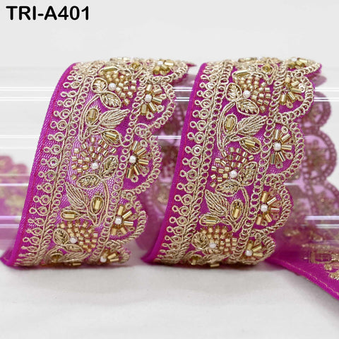 Magenta Indian Beaded Trim Ribbon – Gold Zari Embroidery Sari Border (5cm) 9-yard Wedding Dupatta Dress Costumes