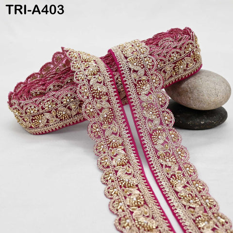 Dark Magenta Indian Beaded Trim Ribbon – Gold Zari Embroidery Sari Border (5cm) 9-yard Wedding Dupatta Dress Costumes