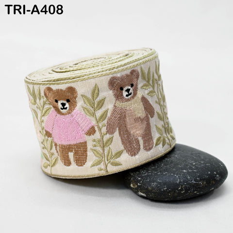 Embroidered Teddy Bear Ribbon – 75mm Indian Sari Border for Crafts, Sewing, Décor