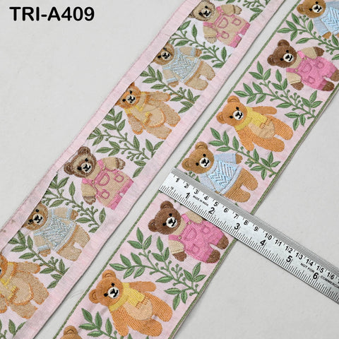 Embroidered Teddy Bear Ribbon Pink – 75mm Indian Sari Border for Crafts, Sewing, Décor (9 Yard)