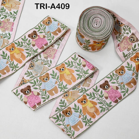 Embroidered Teddy Bear Ribbon Pink – 75mm Indian Sari Border for Crafts, Sewing, Décor (9 Yard)