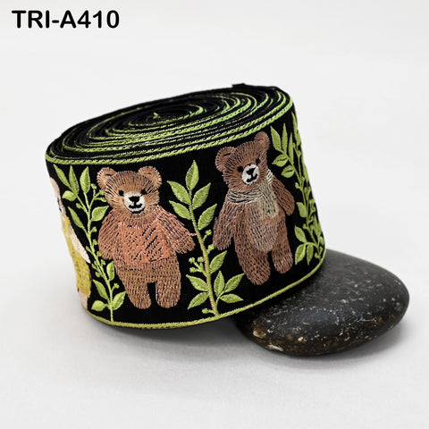 Embroidered Teddy Bear Ribbon Black – 75mm Indian Sari Border for Crafts, Sewing, Décor (9 Yard)
