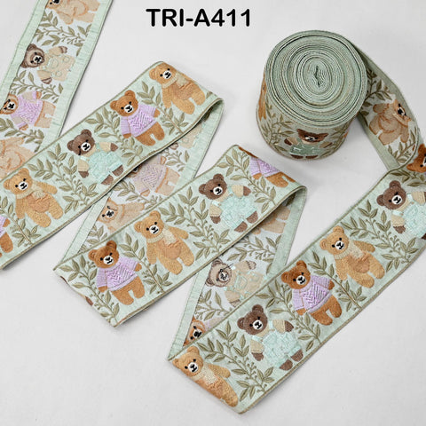 Embroidered Teddy Bear Ribbon Mint Green– 75mm Indian Sari Border for Crafts, Sewing, Décor (9 Yard)