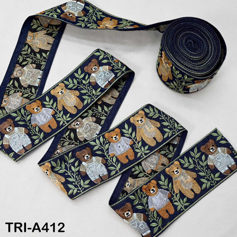 Embroidered Teddy Bear Ribbon on Denim Fabric– 75mm Indian Sari Border for Crafts, Sewing, Décor (9 Yard)