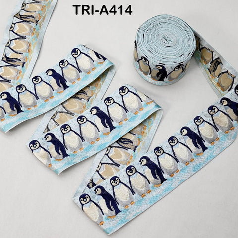 Embroidered Penguin Ribbon Trim – 3 inches Ice Blue Sari Border for Crafts (9 Yard)