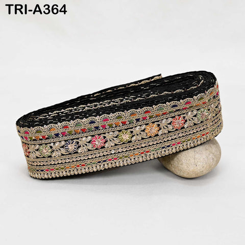 Embroidered Sari Border Trim: Black Gold Zari Sequin Indian Fabric Lace (9 Yard)