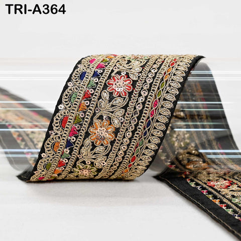 Embroidered Sari Border Trim: Black Gold Zari Sequin Indian Fabric Lace (9 Yard)