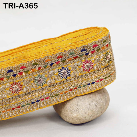 Embroidered Sari Border Trim: Yellow Gold Zari Sequin Indian Fabric Lace (9 Yard)