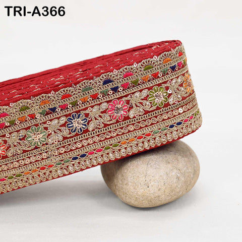 Embroidered Red Sari Border Trim: Gold Zari Sequins Lace for Crafts (9 Yard)