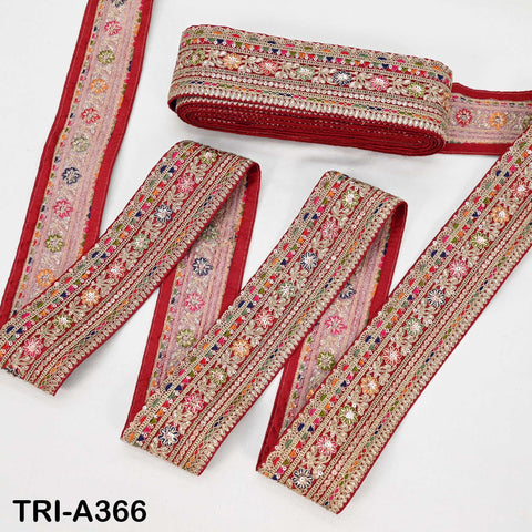 Embroidered Red Sari Border Trim: Gold Zari Sequins Lace for Crafts (9 Yard)