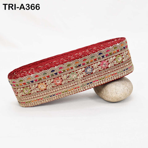 Embroidered Red Sari Border Trim: Gold Zari Sequins Lace for Crafts (9 Yard)