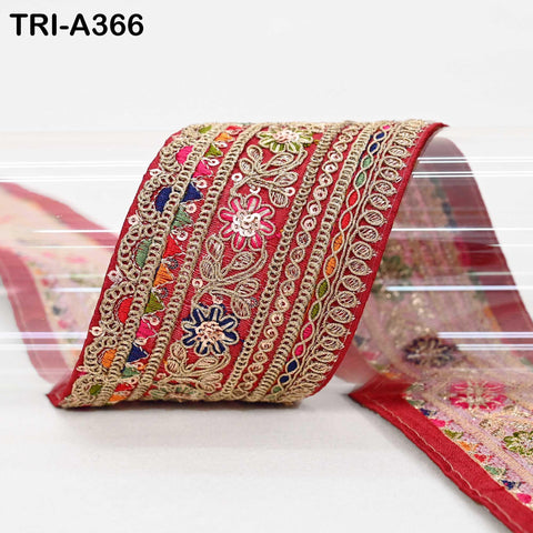 Embroidered Red Sari Border Trim: Gold Zari Sequins Lace for Crafts (9 Yard)