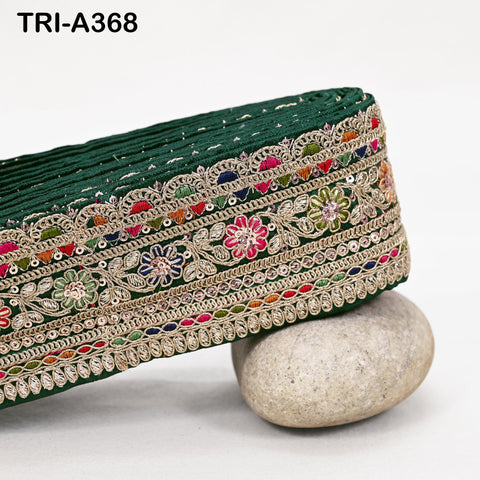 Indian Embroidered Sari Border Trim: 2.6 Inch Green Gold Zari Sequins Lace for Crafts (9 Yard)