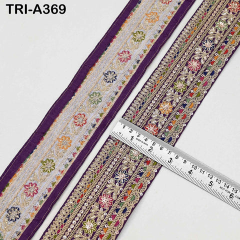 Indian Embroidered Sari Border Trim: 2.6 Inch Voilet Gold Zari Sequins Lace for Crafts (9 Yard)