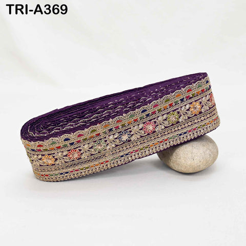 Indian Embroidered Sari Border Trim: 2.6 Inch Voilet Gold Zari Sequins Lace for Crafts (9 Yard)