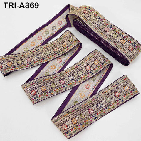Indian Embroidered Sari Border Trim: 2.6 Inch Voilet Gold Zari Sequins Lace for Crafts (9 Yard)