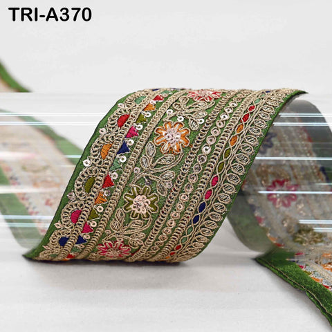Indian Sari Border Trim: Forest Green Gold Zari Sequins Embroidery Lace for Crafts (9 Yard)