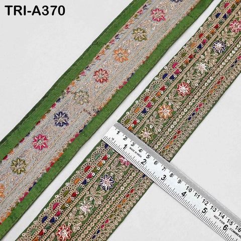 Indian Sari Border Trim: Forest Green Gold Zari Sequins Embroidery Lace for Crafts (9 Yard)