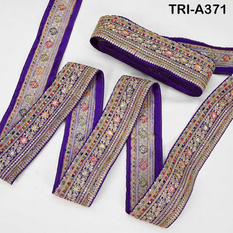 Embroidered Zari Sequin Sari Border Trim: Royal Blue Indian Craft Ribbon (9 Yard) 2.6 inches wide