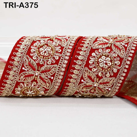 Red Indian Beaded Trim Ribbon – Sari Border, Dupatta, DIY Craft, Costumes, Handbag Embellishment (9 Yard)