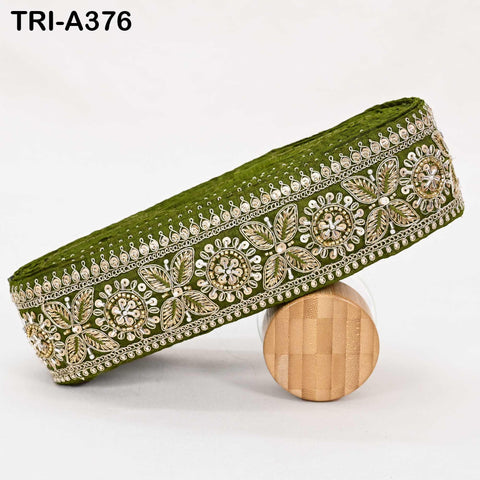9 Yard Olive Green Indian Beaded Trim Ribbon – Sari Border, Dupatta, DIY Craft, Costumes, Handbag Embellishment