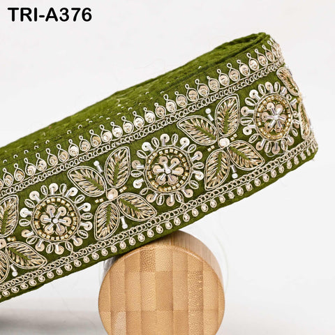 9 Yard Olive Green Indian Beaded Trim Ribbon – Sari Border, Dupatta, DIY Craft, Costumes, Handbag Embellishment