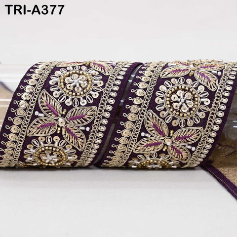 9-Yard Violet Beaded Indian Trim – Sari Border, Dupatta, Craft Embellishment