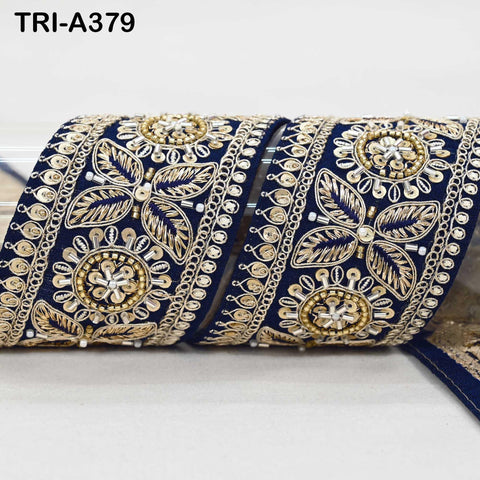 9-yard Navy Blue Indian Beaded Trim Ribbon – Sari Border, Dupatta, Craft, Costumes, Handbag Embellishment