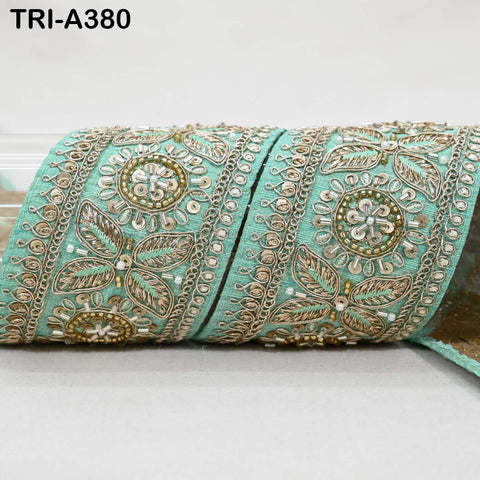 9-yard Mint Green Indian Beaded Trim Ribbon – Sari Border, Dupatta, Craft, Costumes, Handbag Embellishment
