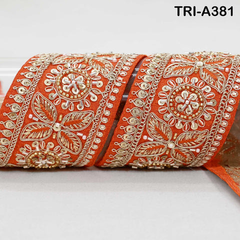 9 Yard Orange Indian Beaded Trim Ribbon – Sari Border, Dupatta, DIY Craft, Costumes, Handbag Embellishment