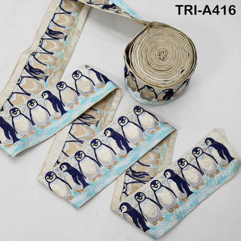 Embroidered Penguin Ribbon Trim – 3 inches Ivory Sari Border for Crafts (1 Meter)