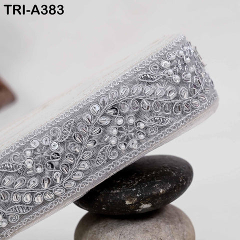 9 yard Silver Indian Beaded Trim Ribbon: 2'' Sari Border, Craft, Historic Costumes, Wedding Embellishment