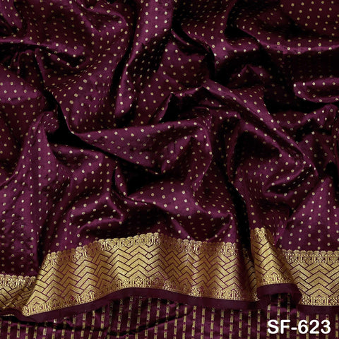 Pure Silk Brocade Fabric by Yard, Burgundy Gold Zari Border, Wedding Costume Home Decor