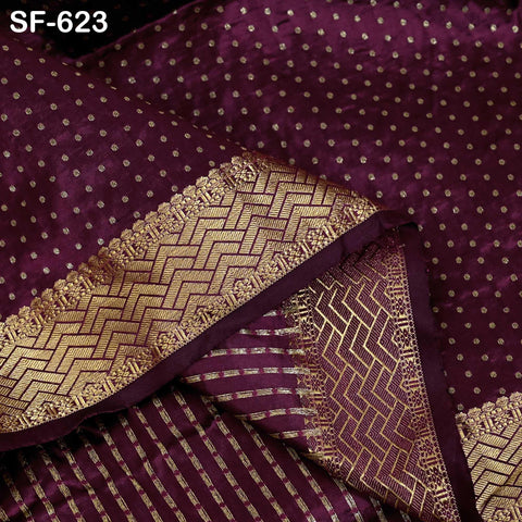 Pure Silk Brocade Fabric by Yard, Burgundy Gold Zari Border, Wedding Costume Home Decor