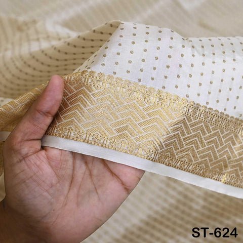 Pure Silk Brocade Fabric by Yard, Ivory Gold Zari Border, Wedding Costume Home Decor